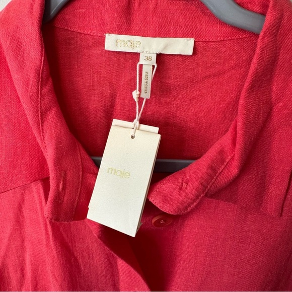 Maje Size 38 Cutout Twisted 100% Linen Midi Shirt Dress - Picture 6 of 10